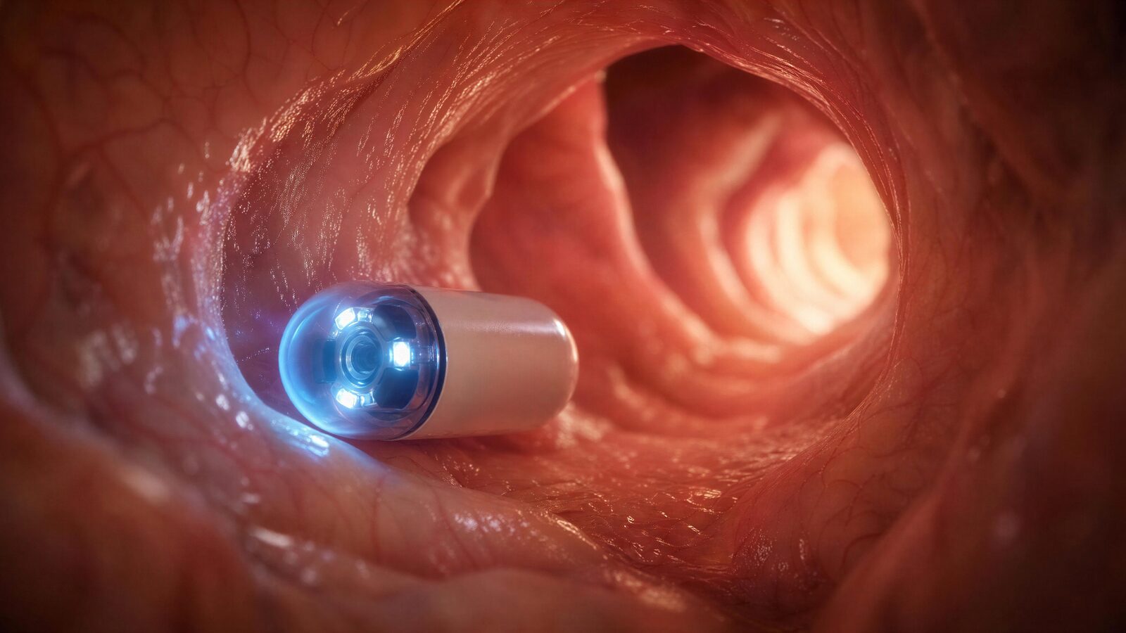 Trådløs kapselendoskopi-pille (CapsoCam Plus) med lysende kamera fotograferer slimhinden inde i tyndtarmen ved udredning af uafklaret tarmblødning